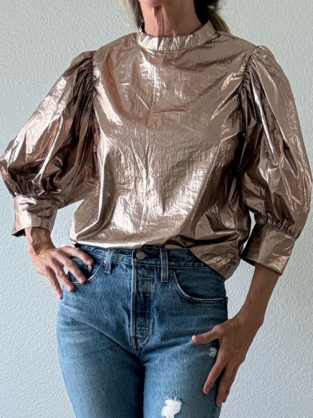 FARM Rio Metallic Rose Gold Puff Sleeve Blouse